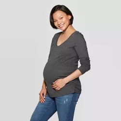 Long Sleeve Scoop Neck Shirred Maternity T-Shirt - Isabel Maternity by Ingrid & Isabel™ Charcoal Heather S
