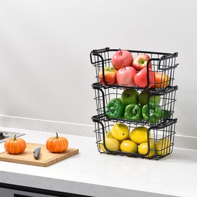 Modern Black Metal Wire 3-Piece Stackable Storage Basket Set