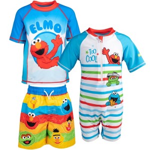Sesame Street Baby UPF 50+ Sunsuit, Raglan Rash Guard and Swim Trunks 3 Piece Swimsuit Set - 1 of 4