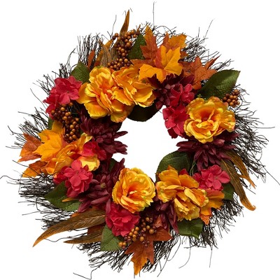 Northlight Peony and Mum Artificial Spring Floral Wreath, 24-Inch