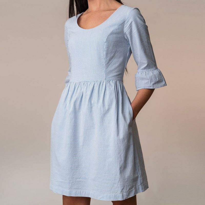 Hope & Henry Womens' Organic Cotton Ruffle Cuff Seersucker Dress, 3 of 6