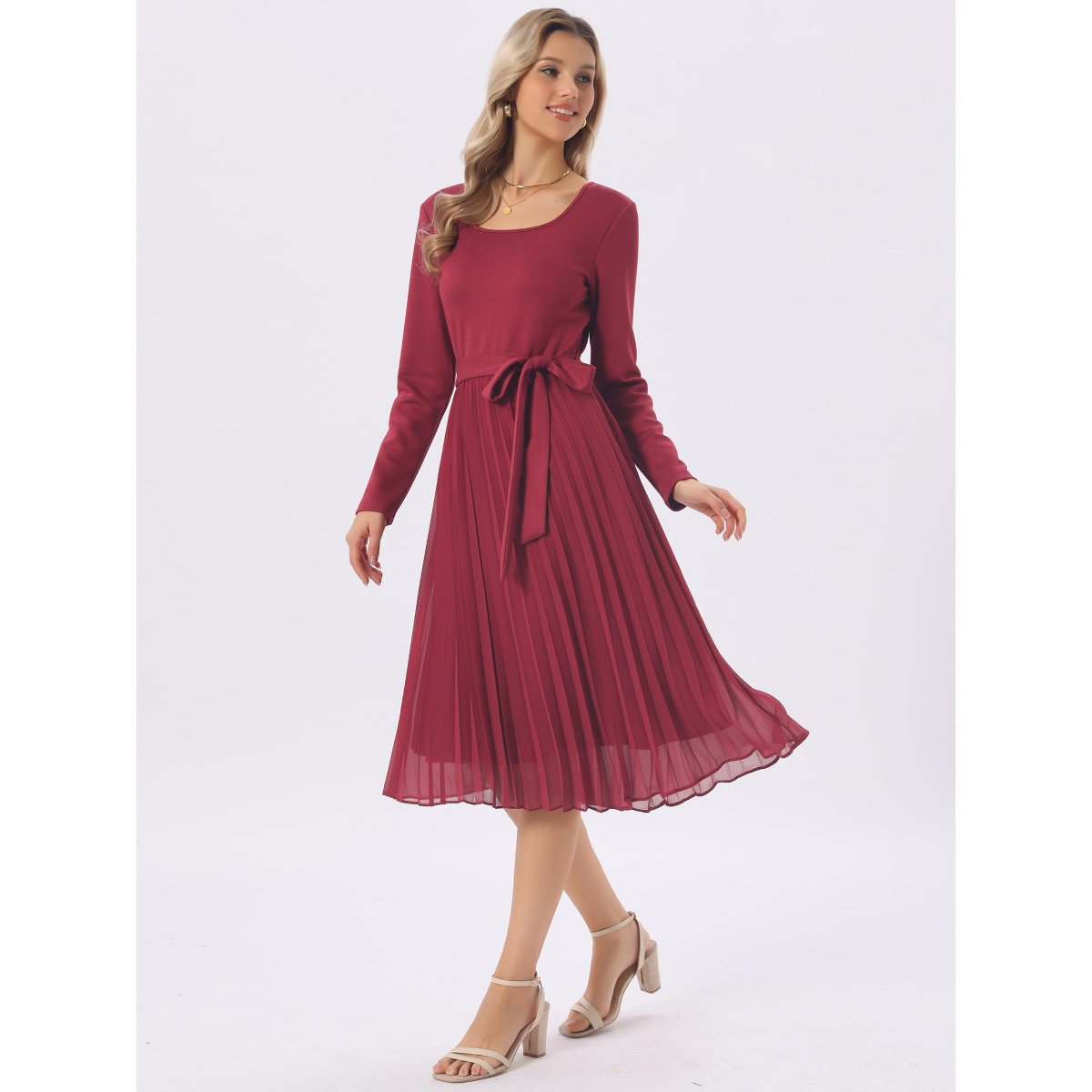 Женские платья INSPIRE CHIC Women's Flowy Long Sleeve Crew Belted Pleated Casual A Line Midi Dresses Wine Red Small — фото 3