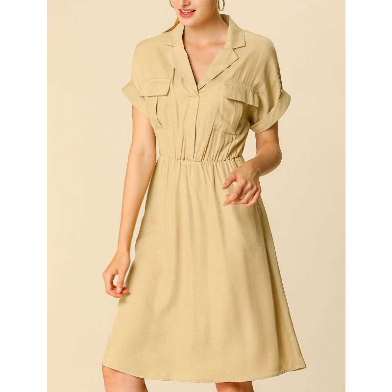 Allegra K Women's Notched Lapel Elastic Waist Pocket A-Line Safari Shirt Dresses, 2 of 7