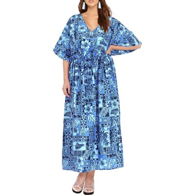 LA LEELA Women's House Daily Routine Evening Wear Vacation Holiday Casual Loungewear Loose Slit Dress Caftan Long Boho Night Shirts 2X-3X Blue, Floral