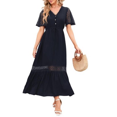 WhizMax Women's Lace Short Sleeve Maxi Dress V Neck High Elastic Waist Casual Flowy Beach Dress