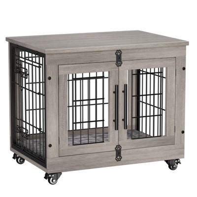 Gikpal Wooden Dog Crate Furniture, Stylish Dogs Kennel for Small to Extra Large, Double Door & A Cushion & 360°Wheel, Metal, Chew-Proof, Dog Cage