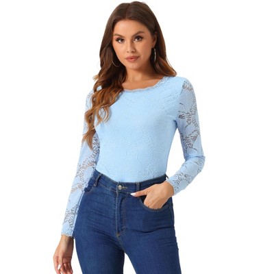 Allegra K Women's Slim Fit Sheer-Long-Sleeves Flower Embroidery Lace Top