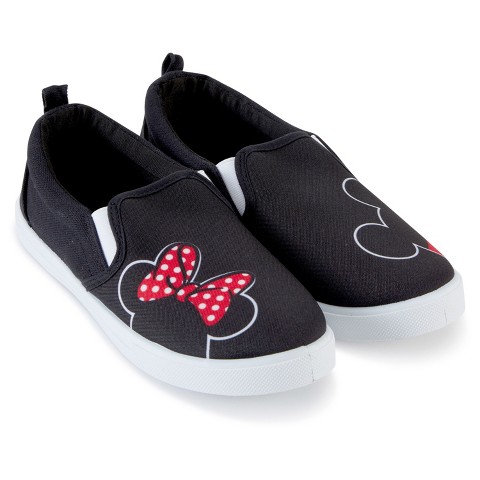 Disney Ladies Mickey and Minnie Shoes - Ladies Slip On Sneakers - Disney Mickey and Minnie Mouse Canvas Slip On Sneakers (Black, 7)