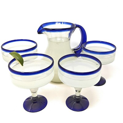Dos Sueños Mexican Hand Blown Glassware Combo Set - Blue Rim Pitcher and Margarita Glasses