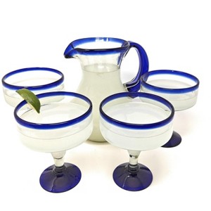 Dos Sueños Mexican Hand Blown Glassware Combo Set - Blue Rim Pitcher and Margarita Glasses - 1 of 4