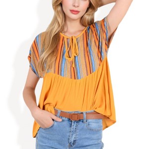 Anna-Kaci Women's Short Sleeve Boho Peasant Top with Tie Front and Striped Print for Casual Everyday Wear - 1 of 4