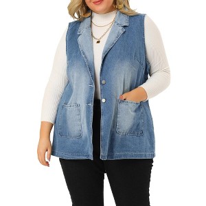 Agnes Orinda Women's Plus Size Sleeveless Buttons Notched Collar with Pockets Demin Vests - 1 of 4