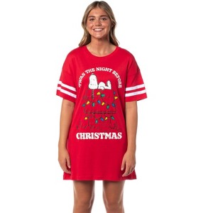 Peanuts Women's Christmas Distressed Snoopy Nightgown Pajama Shirt Dress Red - 1 of 4