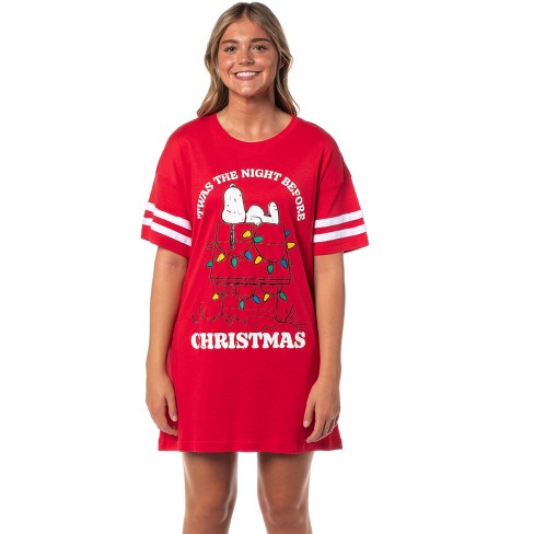 Intimo Peanuts Women s Christmas Distressed Snoopy Varsity Nightgown Pajama Shirt Dress L Red