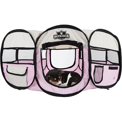 Portable Puppy Playpen - Small Pop-Up Play Yard for Pets Up to 25lbs with Mesh Windows, 2 Pockets, Zippered Roof, and Carry Bag by PETMAKER (Pink)