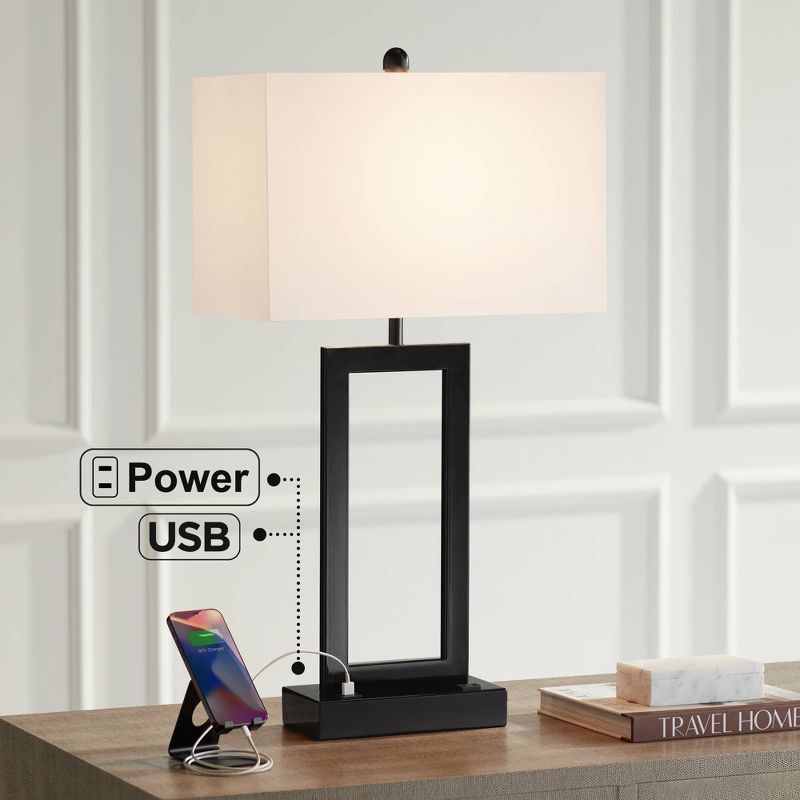 360 Lighting Modern Table Lamp with USB and AC Power Outlet 30" Tall Black Metal White Rectangle Shade for Living Room Bedroom House, 2 of 10