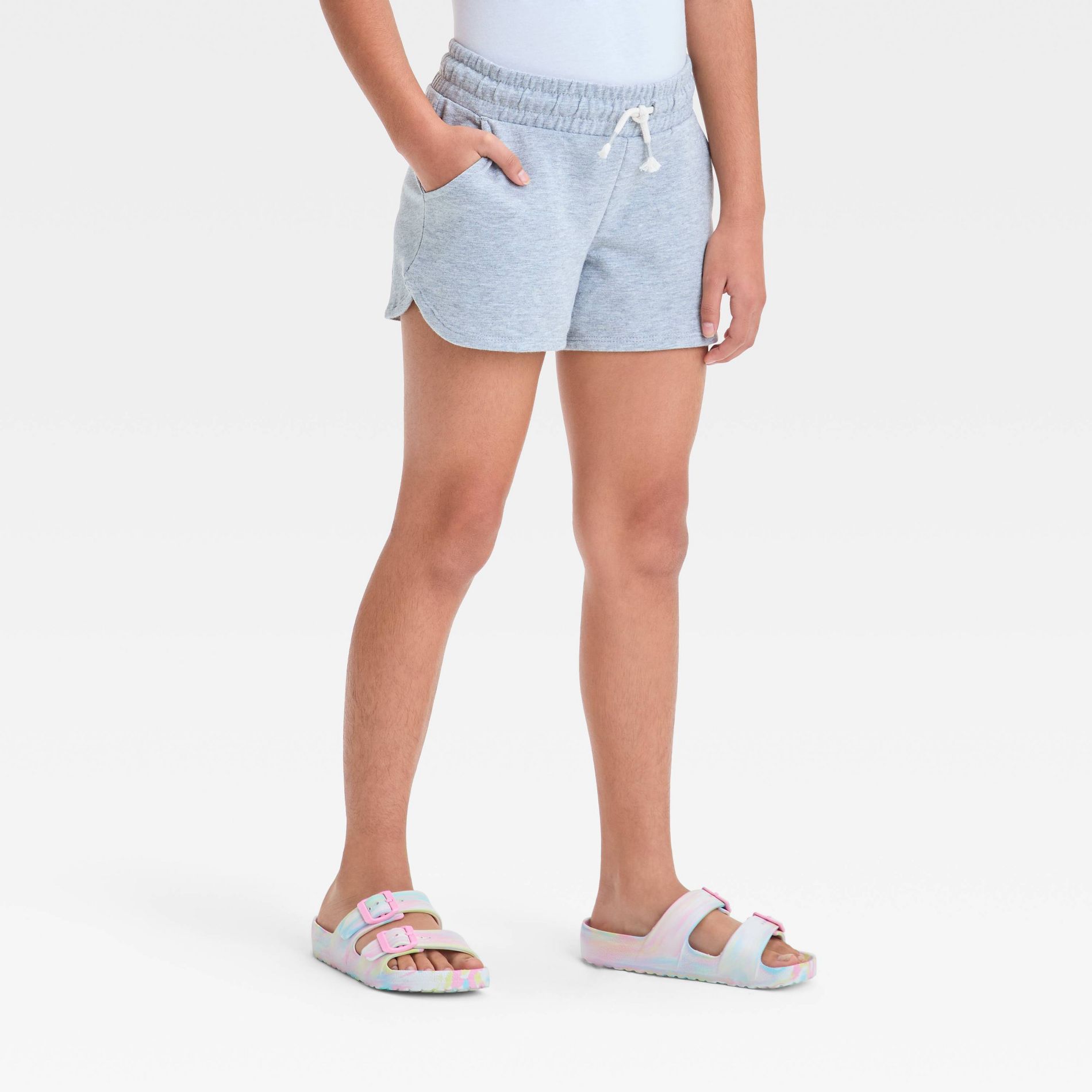 Girls' Knit Pull-On Shorts - Cat & Jack™ Heather Gray L: Mid Rise, Side Pocket, Flexible Drawstring, French Terry