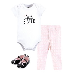 Hudson Baby Infant Girl Cotton Bodysuit, Pant and Shoe Set, Little Sister Bow - 1 of 4