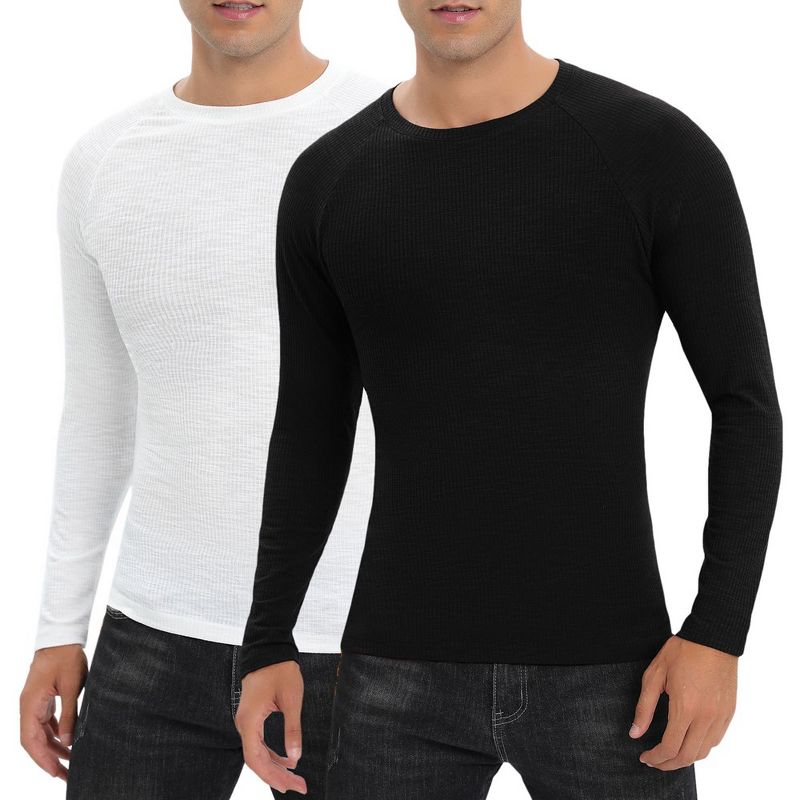 Mens Shirts 2 Packs Crew Tops Long Sleeve Ribbed Pullover Sweater Sim Fit Basic Layer Tops Solid Tee Crewneck Stretchy Undershirts, 1 of 8