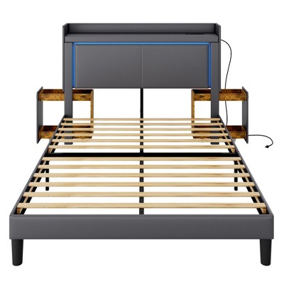 Vlsrka Queen Bed Frame with LED lights and charging station, upholstered storage headboard with nightstand, no box spring, quiet, easy assembly.