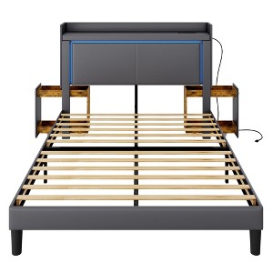 Vlsrka Queen Bed Frame with LED lights and charging station, upholstered storage headboard with nightstand, no box spring, quiet, easy assembly. - 1 of 4