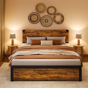 Garvee Bed Frame w/Wood Headboard, Platform Storage Bed, Metal Legs - No Box Spring, Noise Free, Easy Assembly, Rustic Brown - 1 of 4
