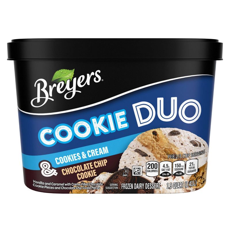 Breyers Cookie Duo Cookies &#38; Cream + Chocolate Chip Cookie Frozen Dairy Dessert - 48oz, 3 of 8