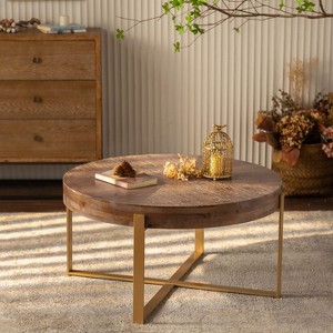 VYNXARIA Modern Round Coffee Table - Carved Pine Top with Golden Metal Legs - 1 of 4