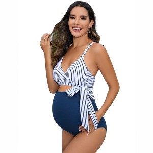 Clearlove Maternity One Piece Swimsuit Women Bathing Suit V Neck High Waisted Hollow Swimwear - 1 of 4