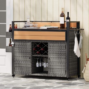ORRD 52.8'' Wicker Outdoor Grill Cart with Wood-Look Tabletop and Storage, Rolling Kitchen Island, Grey - 1 of 4