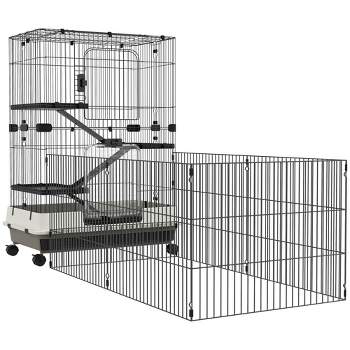 PawHut 45" Small Animal Cage with Wheels, 4-Level Portable Bunny Cage, Chinchilla Ferret Cage with Removable Tray, Platforms and Ramps, Black