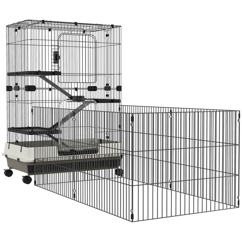 PawHut 45" Small Animal Cage with Wheels, 4-Level Portable Bunny Cage, Chinchilla Ferret Cage with Removable Tray, Platforms and Ramps, Black, 1 of 7