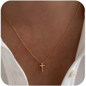 Dainty Gold Cross Necklace for Women, 14K Gold Plated Small Pendant Choker - 1 of 4