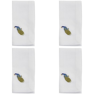 White Polyester Napkins with Embroidered Peacock Design, Set of 4