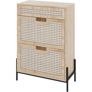 Coolmee Natural Rattan Shoe Cabinet, 2 Flip Door Shoe Rack with Drawer, Freestanding Shoe Organizer with Adjustable Shelf for Hallway, Entryway - 1 of 1