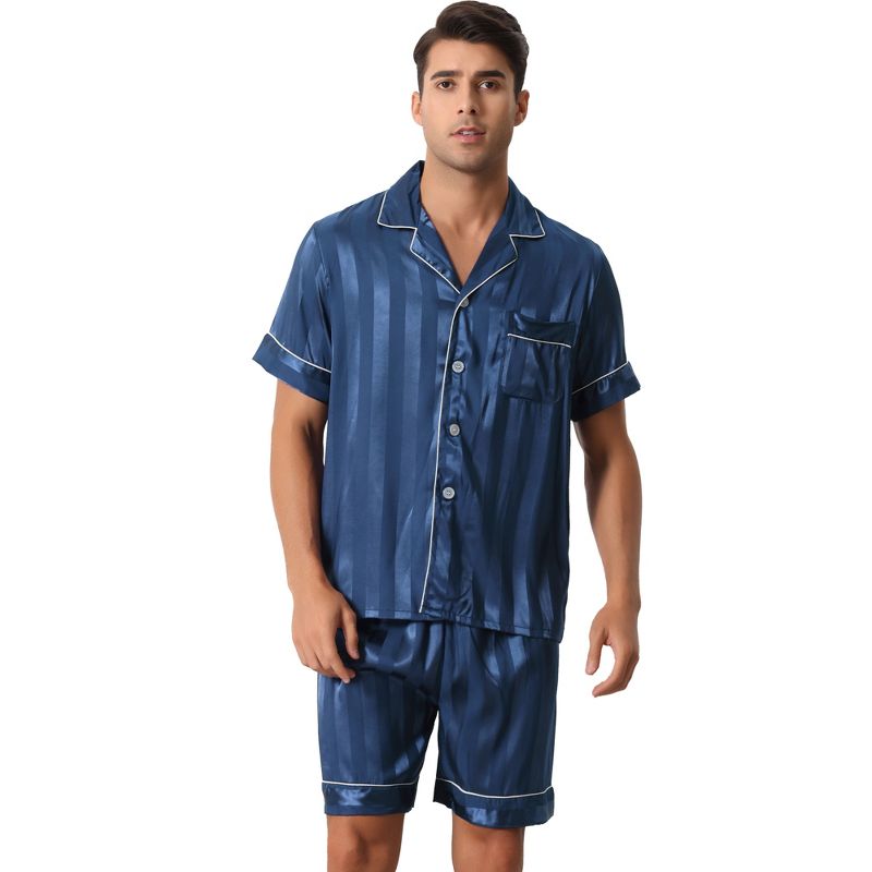 cheibear Men Satin Button Down Striped Short Sleeve and Shorts Pajama Set, 1 of 7