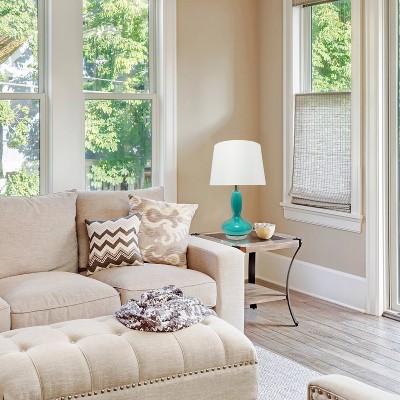 Teal Glass Gourd-Shaped Nightstand Lamp with White Fabric Shade