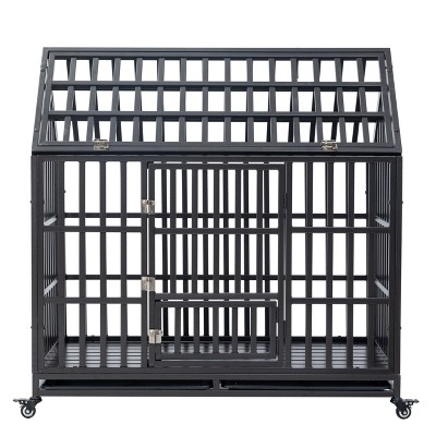 47.2" Heavy-Duty Dog Crate - Lockable Wheel Kennel w/Ventilation & Removable Trays for Large Dogs, Black
