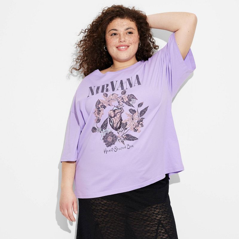 Women's Nirvana Heart Shaped Box Oversized Short Sleeve Graphic T-Shirt - Purple, 1 of 7