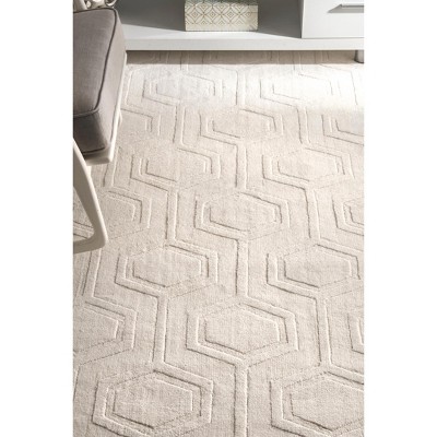 Elegant Ivory Geometric Handwoven Wool Runner Rug, 2' 6" x 8'