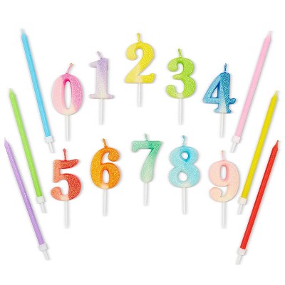 Blue Panda 34-Piece Neon Color Numbers 0-9 and 5" Thin Birthday Cake Topper Candles in Holder for Party Decor