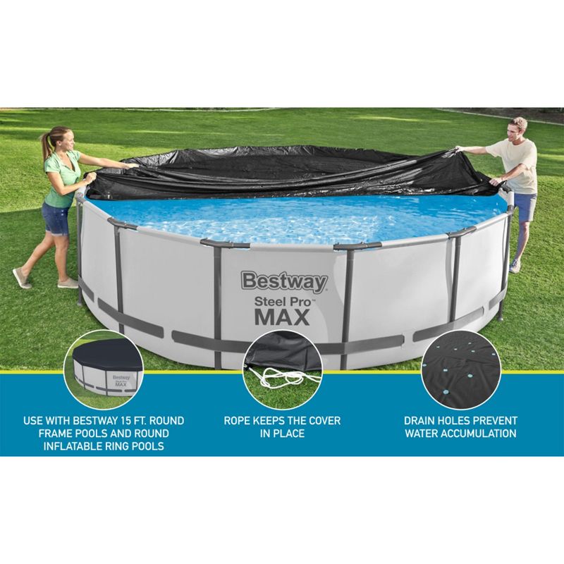 Bestway Round Pool Cover for Above Ground Pro Frame Pools with Drain Holes and Secure Tie-Down Ropes, 6 of 11