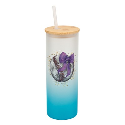 Elanze Designs 25 Ounce Frosted Glass Gradient Travel Tumbler With Straw and Wooden Lid, Baseball With Purple Bow Sky Blue