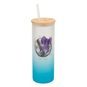 Elanze Designs 25 Ounce Frosted Glass Gradient Travel Tumbler With Straw and Wooden Lid, Baseball With Purple Bow Sky Blue - 1 of 1