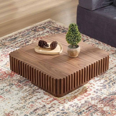 31'' Modern Small Wood Square Coffee Table, Handcraft Drum Coffee Table with MDF Pedestal Base for Living Room,Compact Spaces-Coolbibila