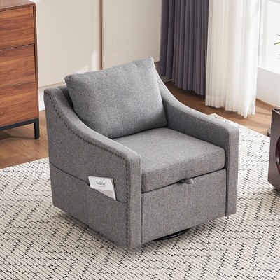 Teddy/Linen Fabric Upholstered 360° Swivel Accent Chair with One Pillow, Single Sofa Chair with High Backrest and Rivet Craft Armrests - ModernLuxe
