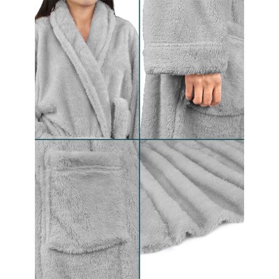 Gray Plush Fleece Faux Shearling Shaggy Bathrobe