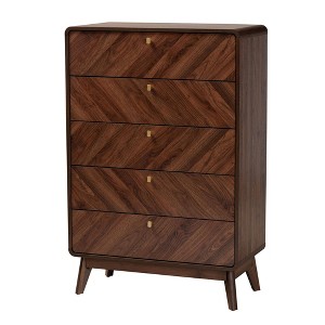 Baxton Studio Markell Wood 5 Drawer Storage Chest Walnut Brown/Gold: Mid-Century Modern Design, Bedroom Organizer - 1 of 4