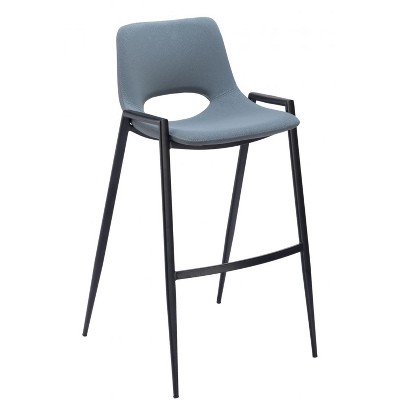 Faux Leather Barstool 39" H Azure Gray With Black Powder Coated Steel Frame and Armrests by Zuo Modern (Set of 2)