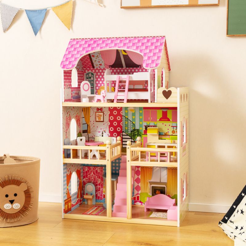 Costway Wooden Dollhouse for Kids Doll House Playset with 3 Stories 6 Simulated Rooms & 15 Pieces of Furniture, 2 of 10